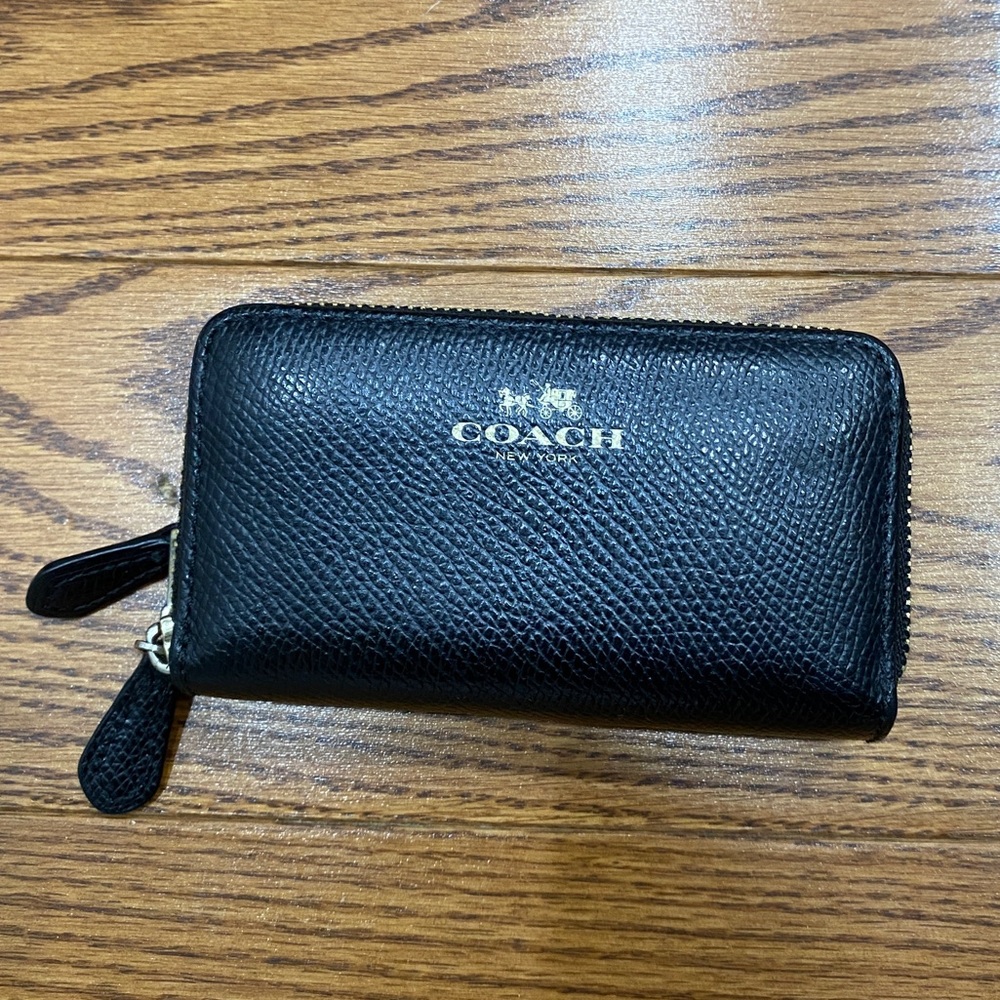 Coach Black Leather Double Zipper Card Wallet